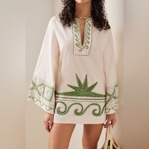 Johanna Ortiz Cream Mini Dress with Green Embroidery